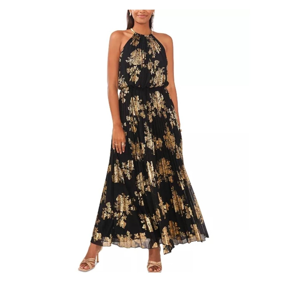 Black Gold Maxi Dress Metallic Floral Pleated Halter Evening Womens 8